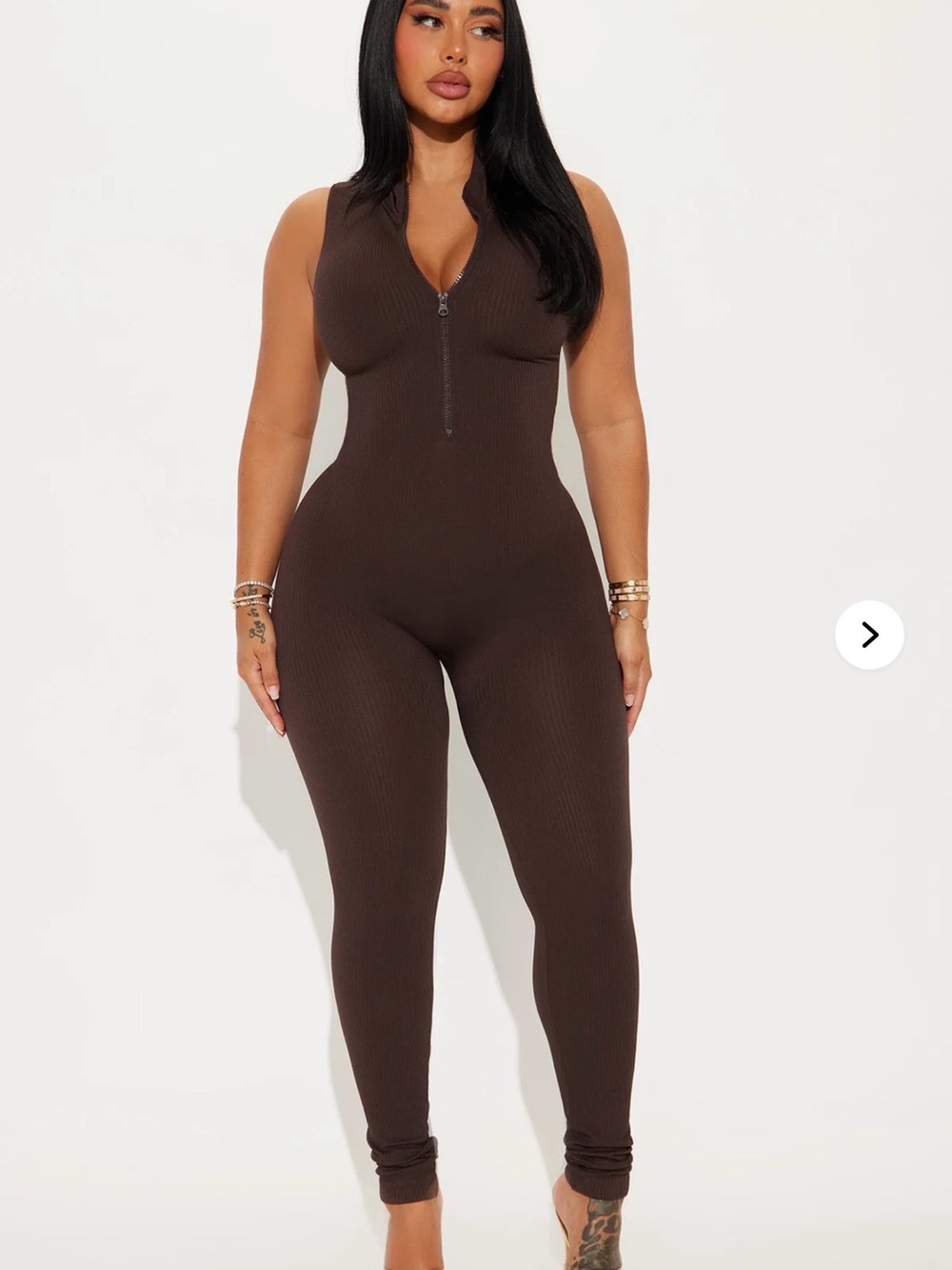 Fashion Nova Sleeveless Zip-Front Ribbed Jumpsuit in Chocolate